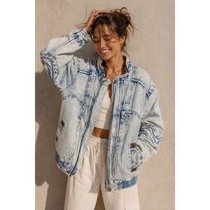Eagles Ridge Denim Bomber Jacket Light‎ Blue Acid Wash Vintage 80s Zip